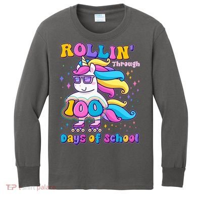 Rollin Through 100 Days Of School Roller Skating Unicorn Kids Long Sleeve Shirt