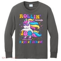 Rollin Through 100 Days Of School Roller Skating Unicorn Kids Long Sleeve Shirt thumb 0