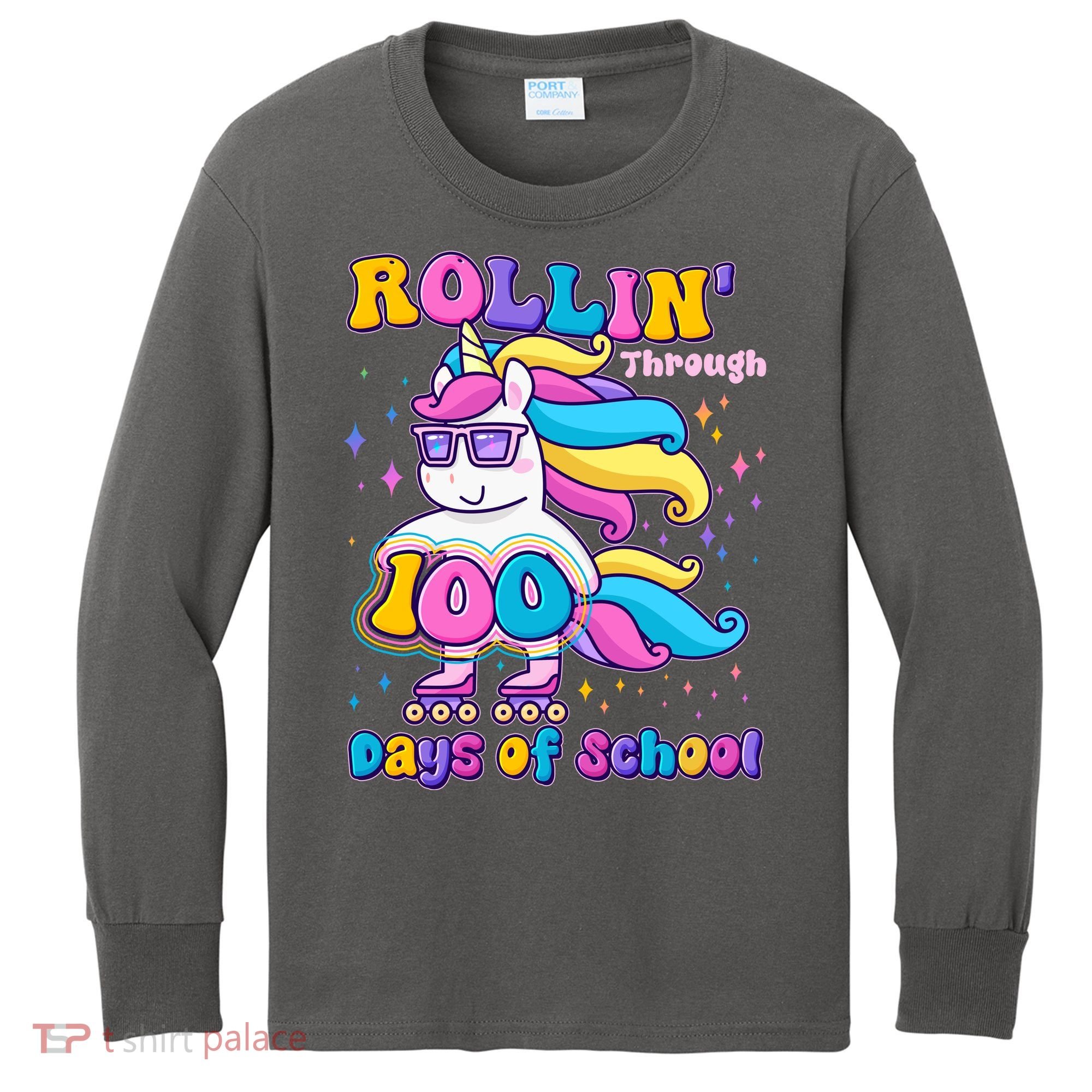 Rollin Through 100 Days Of School Roller Skating Unicorn Kids Long Sleeve Shirt