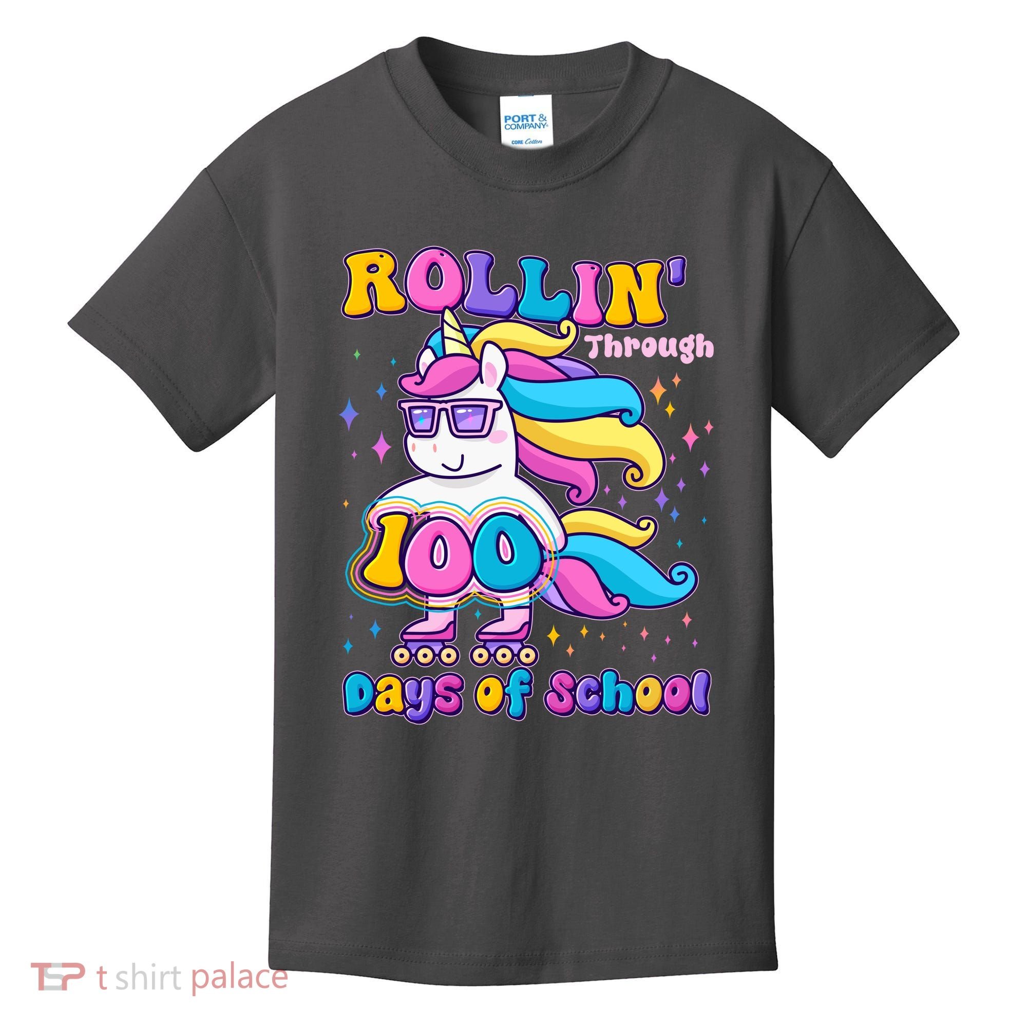 Rollin Through 100 Days Of School Roller Skating Unicorn Kids T-Shirt