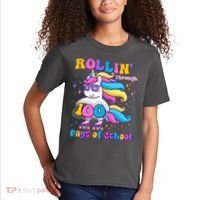 Rollin Through 100 Days Of School Roller Skating Unicorn Kids T-Shirt thumb 2