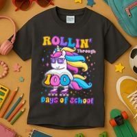 Rollin Through 100 Days Of School Roller Skating Unicorn Kids T-Shirt thumb 3