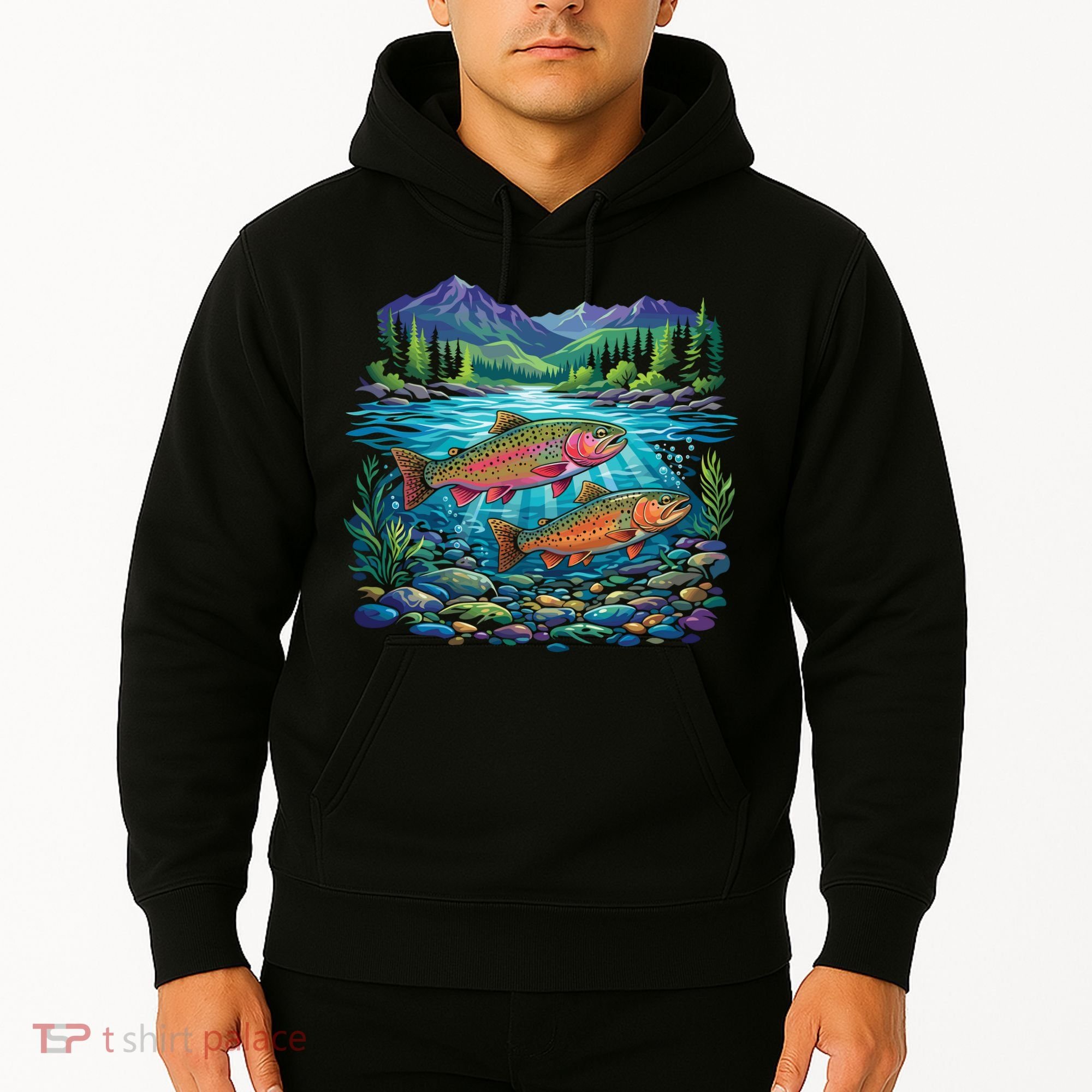 Retro Trout 90s Fishing Mountain River Hoodie