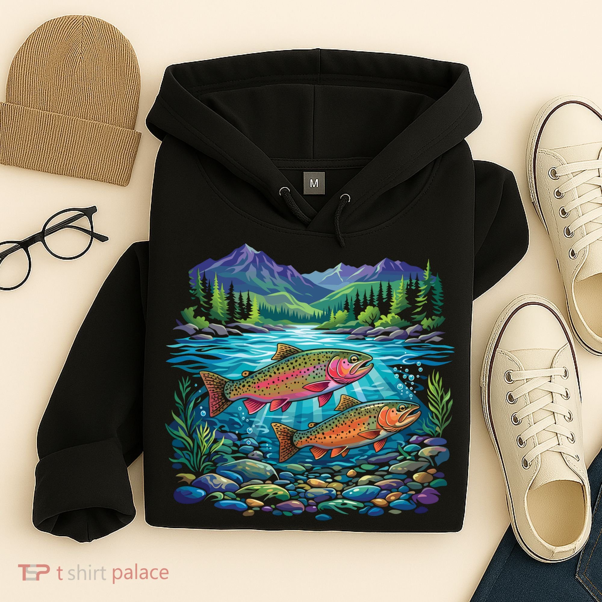 Retro Trout 90s Fishing Mountain River Hoodie