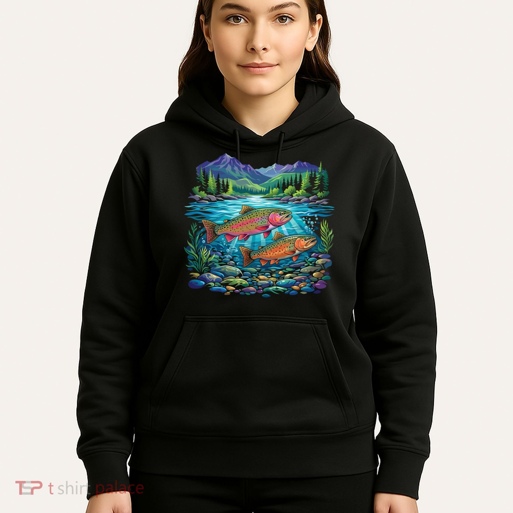 Retro Trout 90s Fishing Mountain River Hoodie