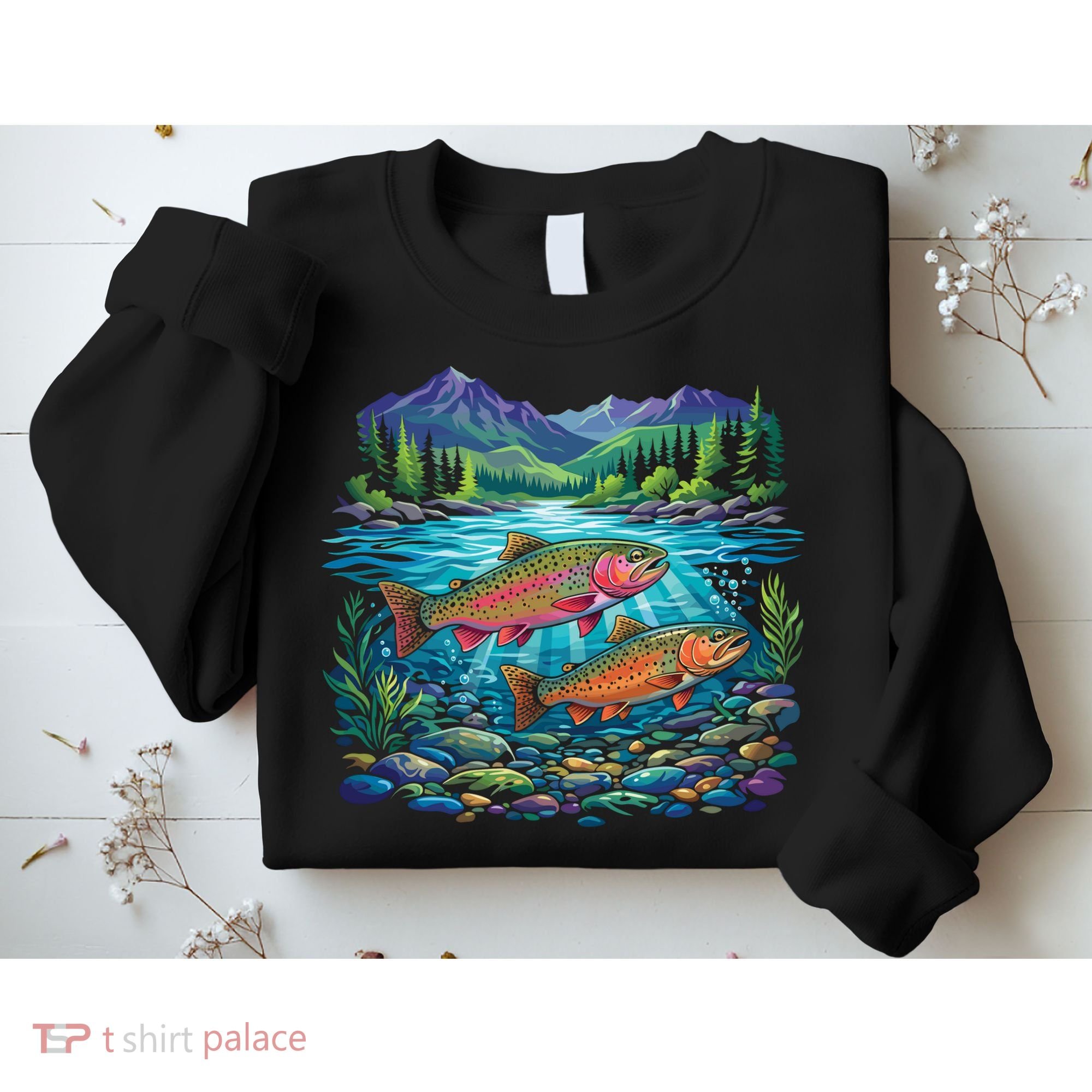 Retro Trout 90s Fishing Mountain River Sweatshirt