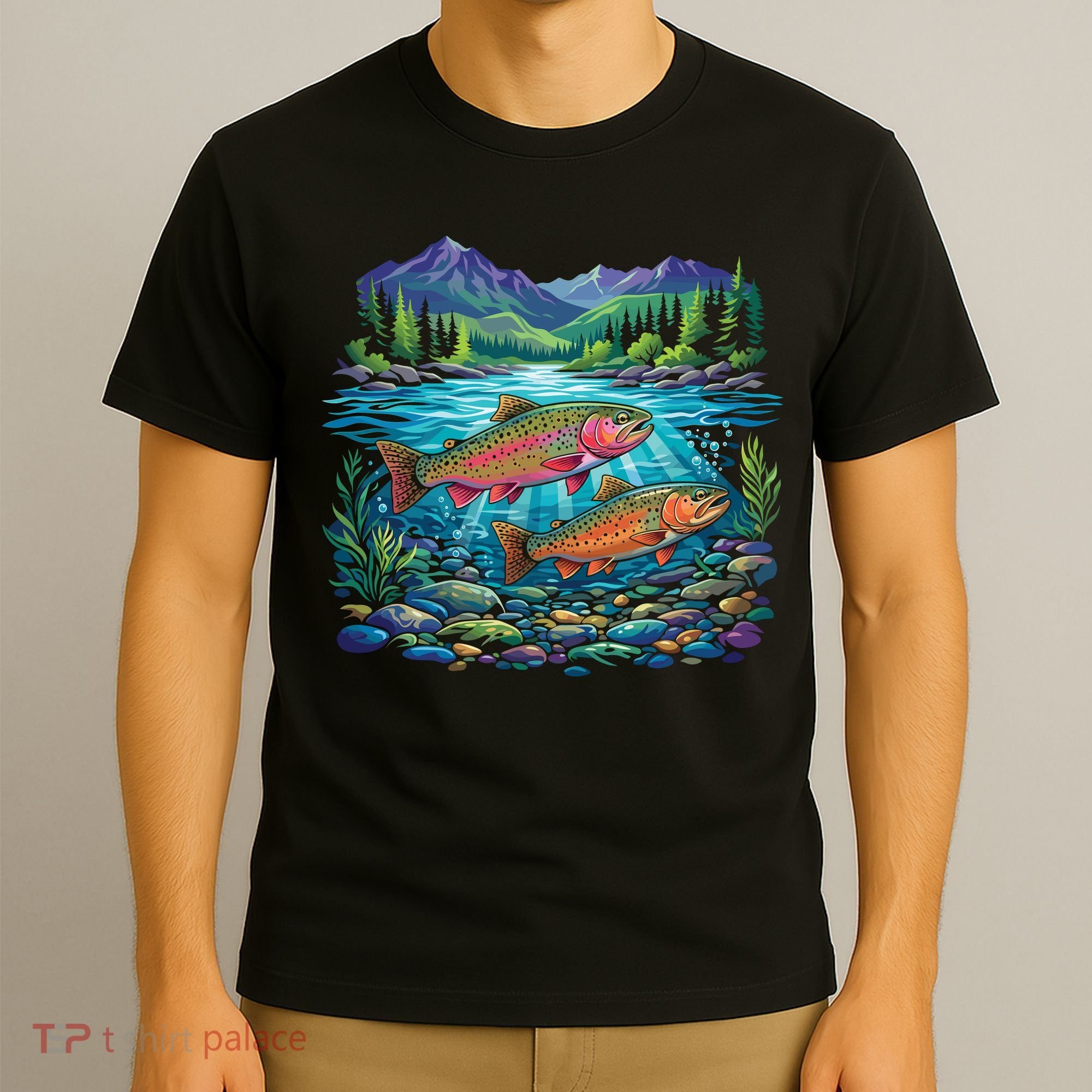 Retro Trout 90s Fishing Mountain River T-Shirt