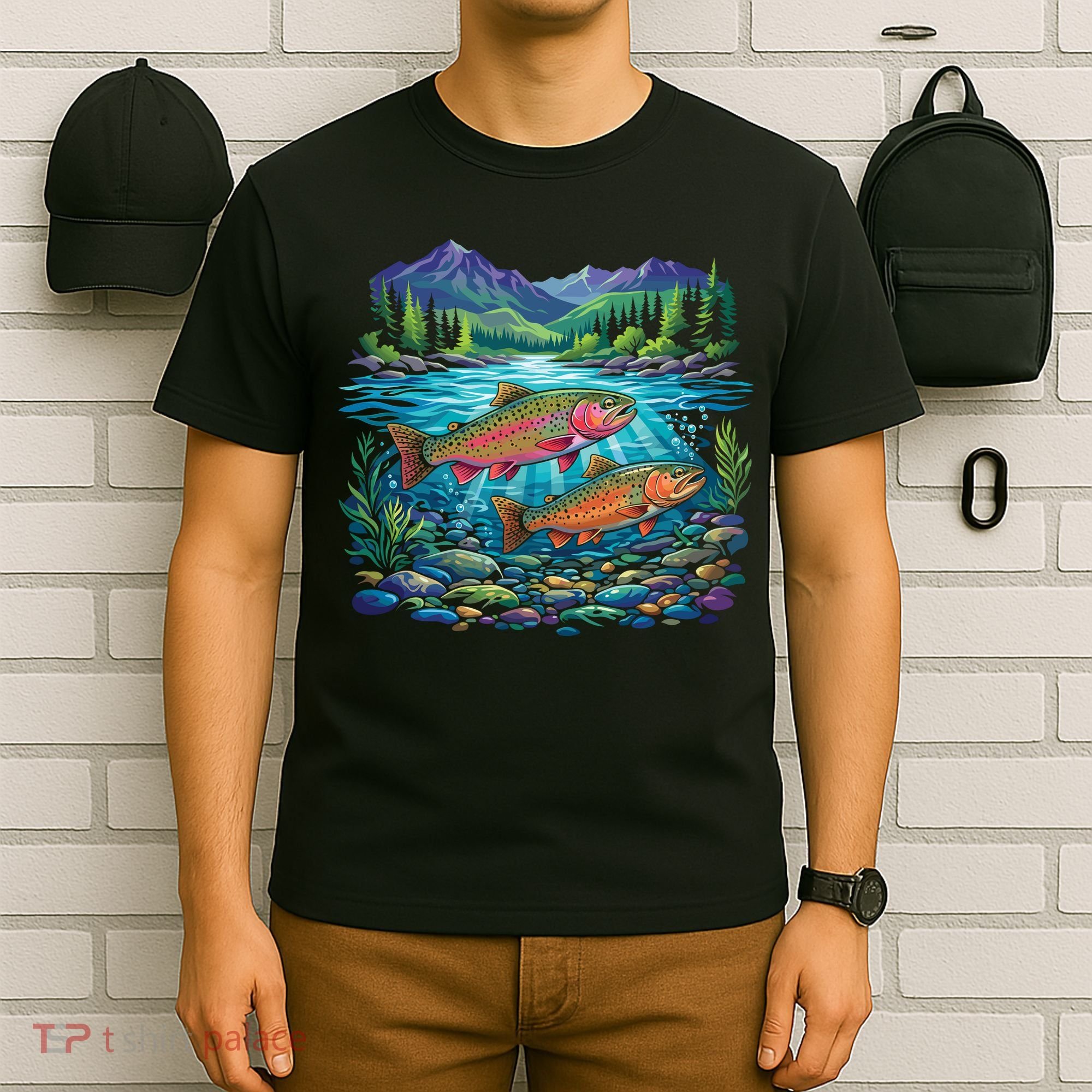 Retro Trout 90s Fishing Mountain River T-Shirt