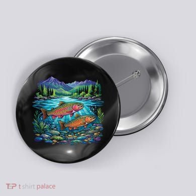 Retro Trout 90s Fishing Mountain River Button