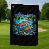 Retro Trout 90s Fishing Mountain River Golf Towel thumb 1