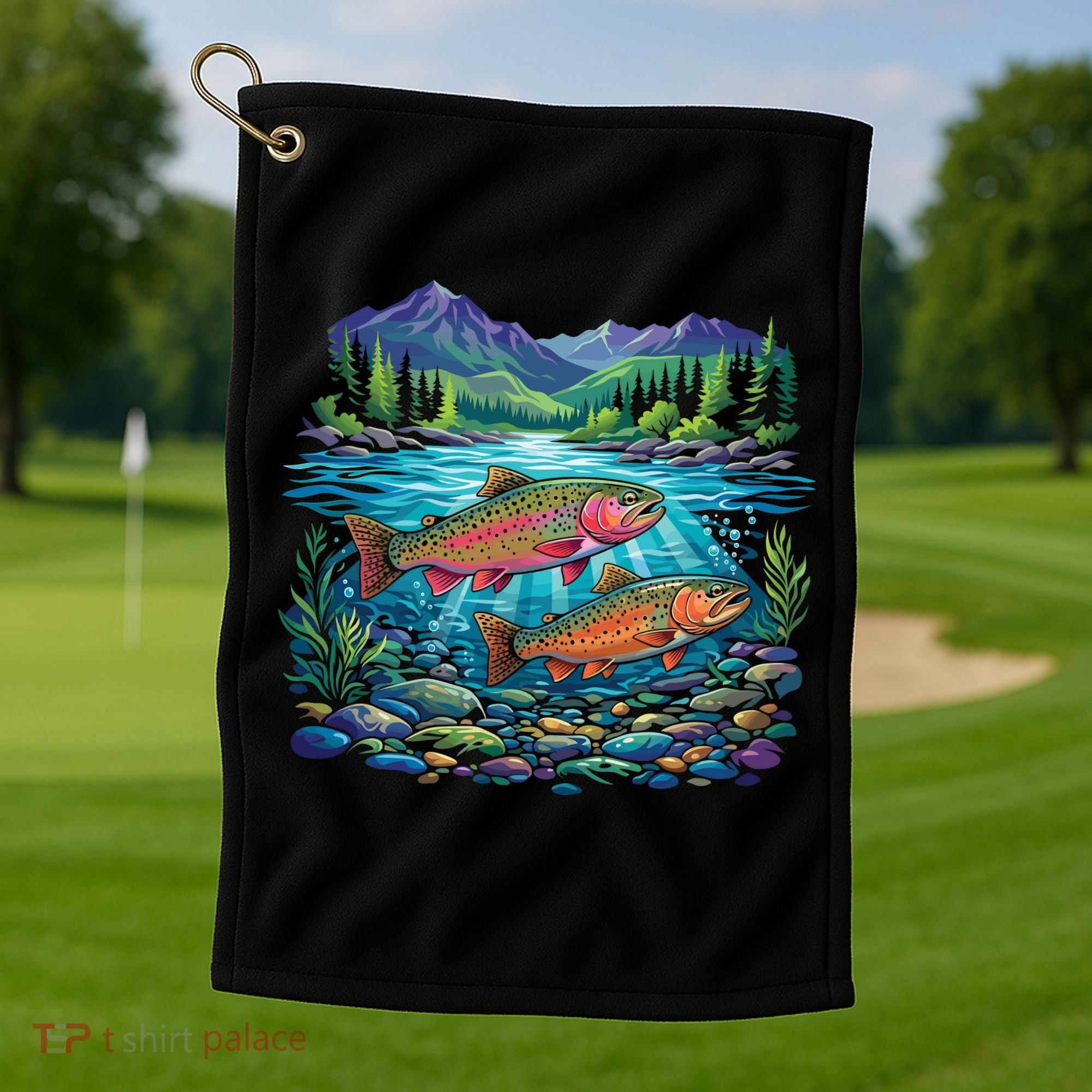 Retro Trout 90s Fishing Mountain River Golf Towel