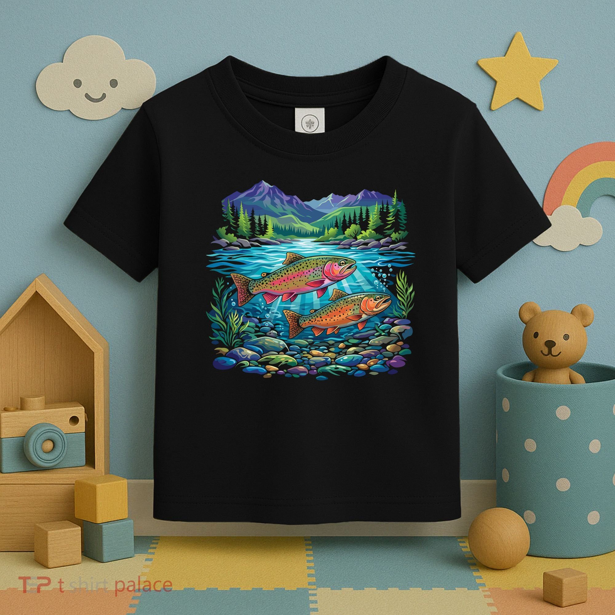 Retro Trout 90s Fishing Mountain River Toddler T-Shirt