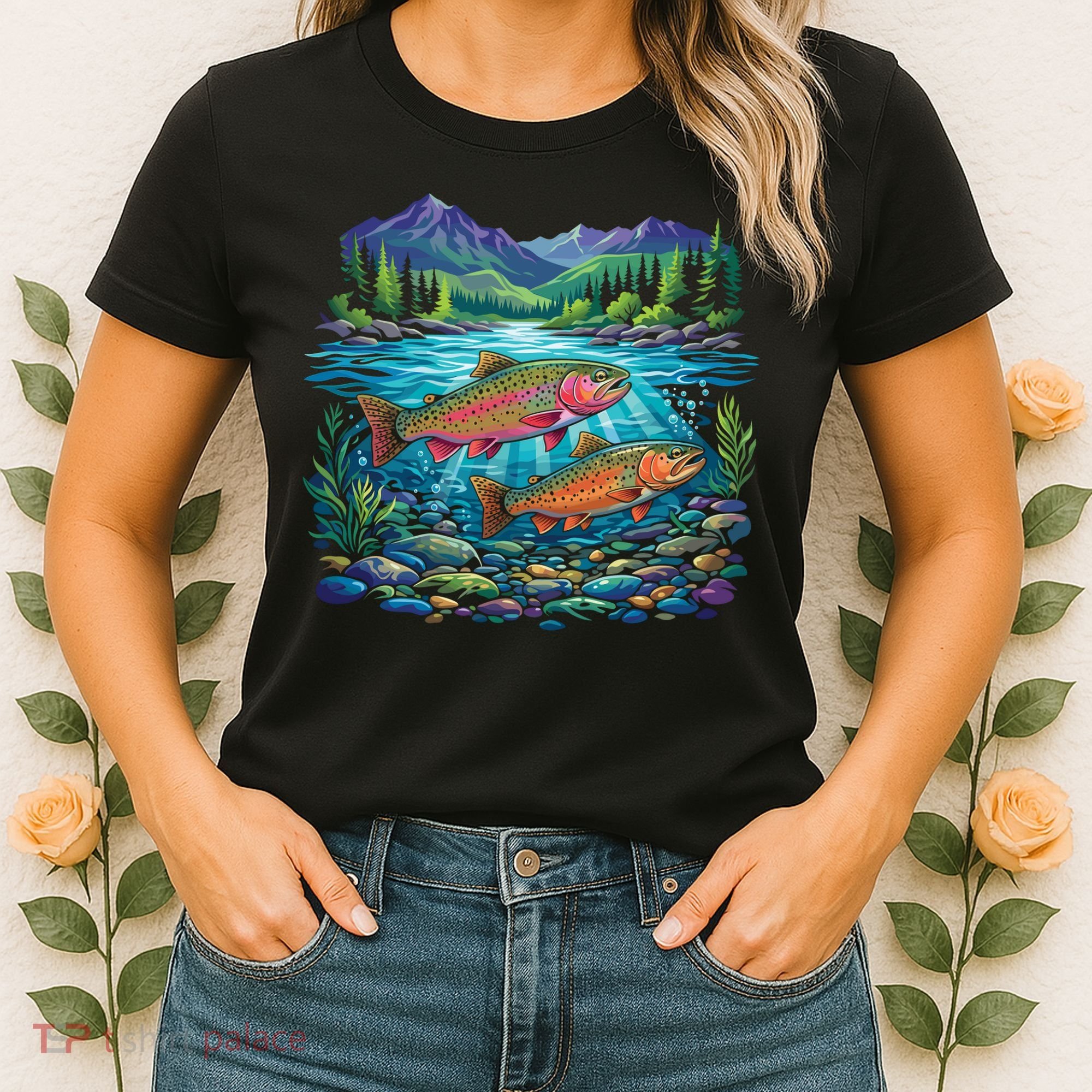 Retro Trout 90s Fishing Mountain River Women's T-Shirt