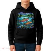 Retro Trout 90s Fishing Mountain River Kids Hoodie thumb 4