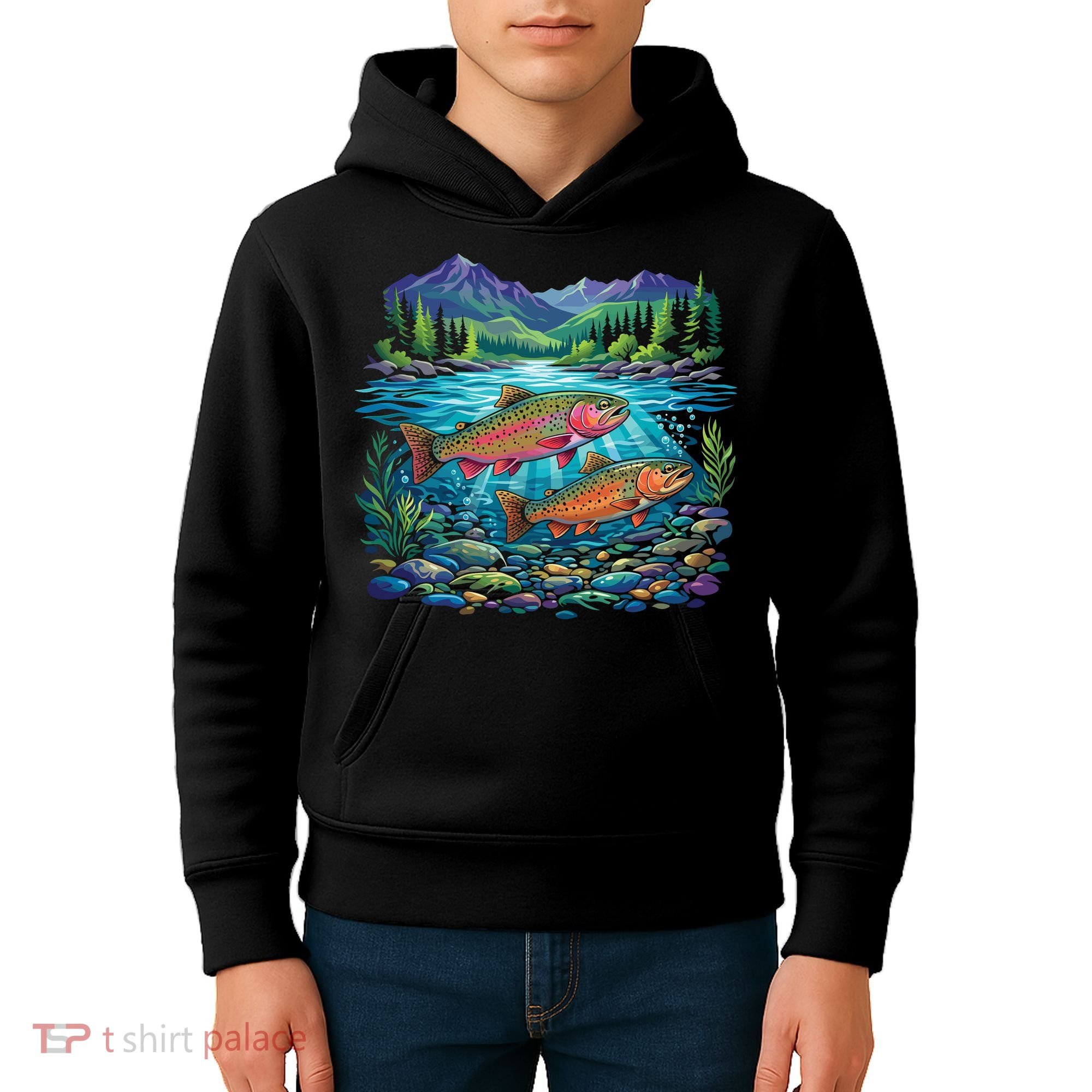 Retro Trout 90s Fishing Mountain River Kids Hoodie