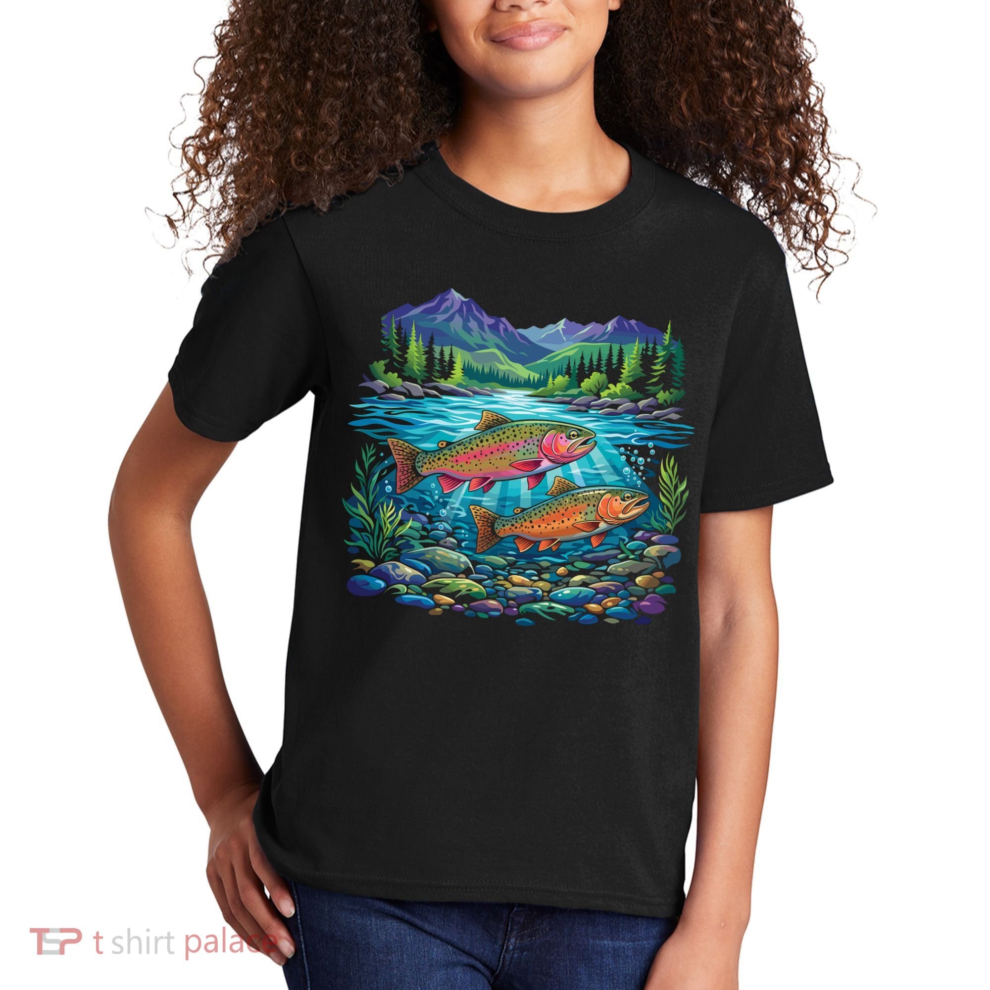 Retro Trout 90s Fishing Mountain River Kids T-Shirt