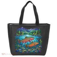 Retro Trout 90s Fishing Mountain River Tote Bag thumb 0