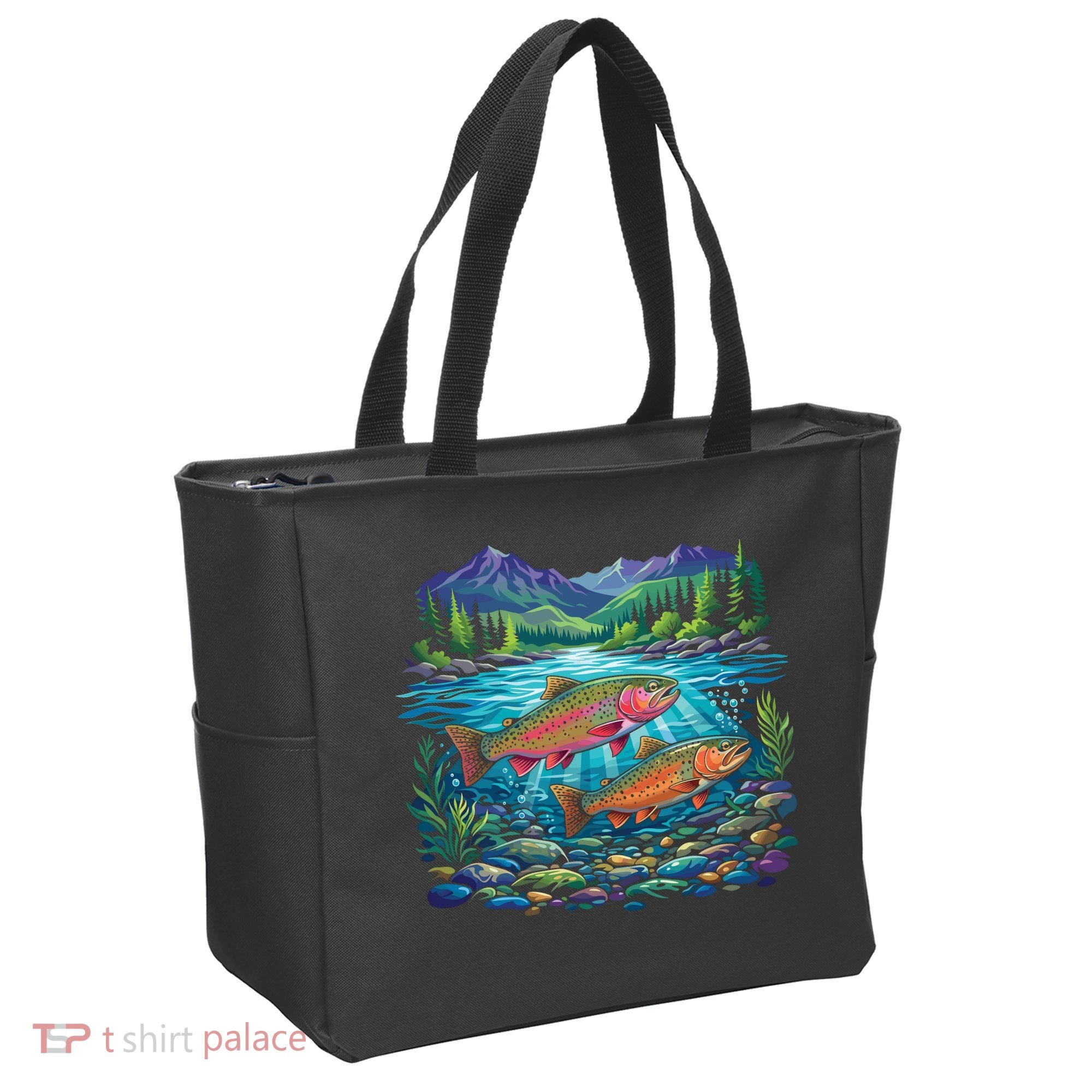Retro Trout 90s Fishing Mountain River Tote Bag