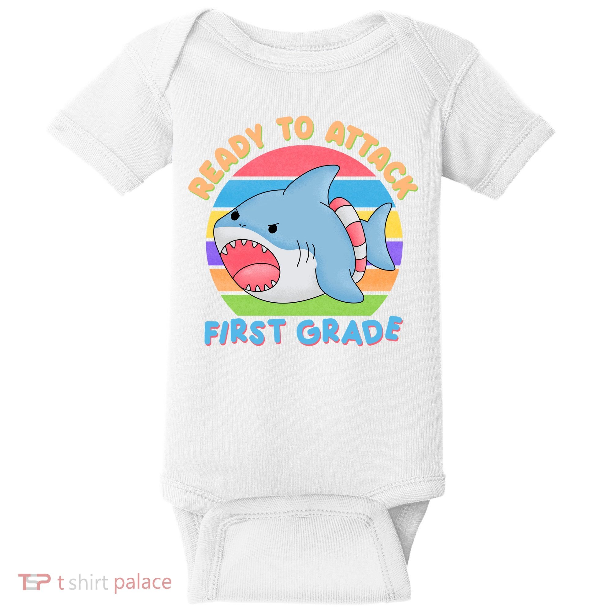 Ready To Attack First Grade Funny Shark Baby Bodysuit