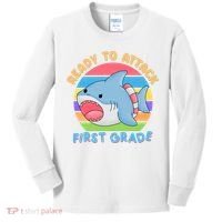 Ready To Attack First Grade Funny Shark Kids Long Sleeve Shirt thumb 0
