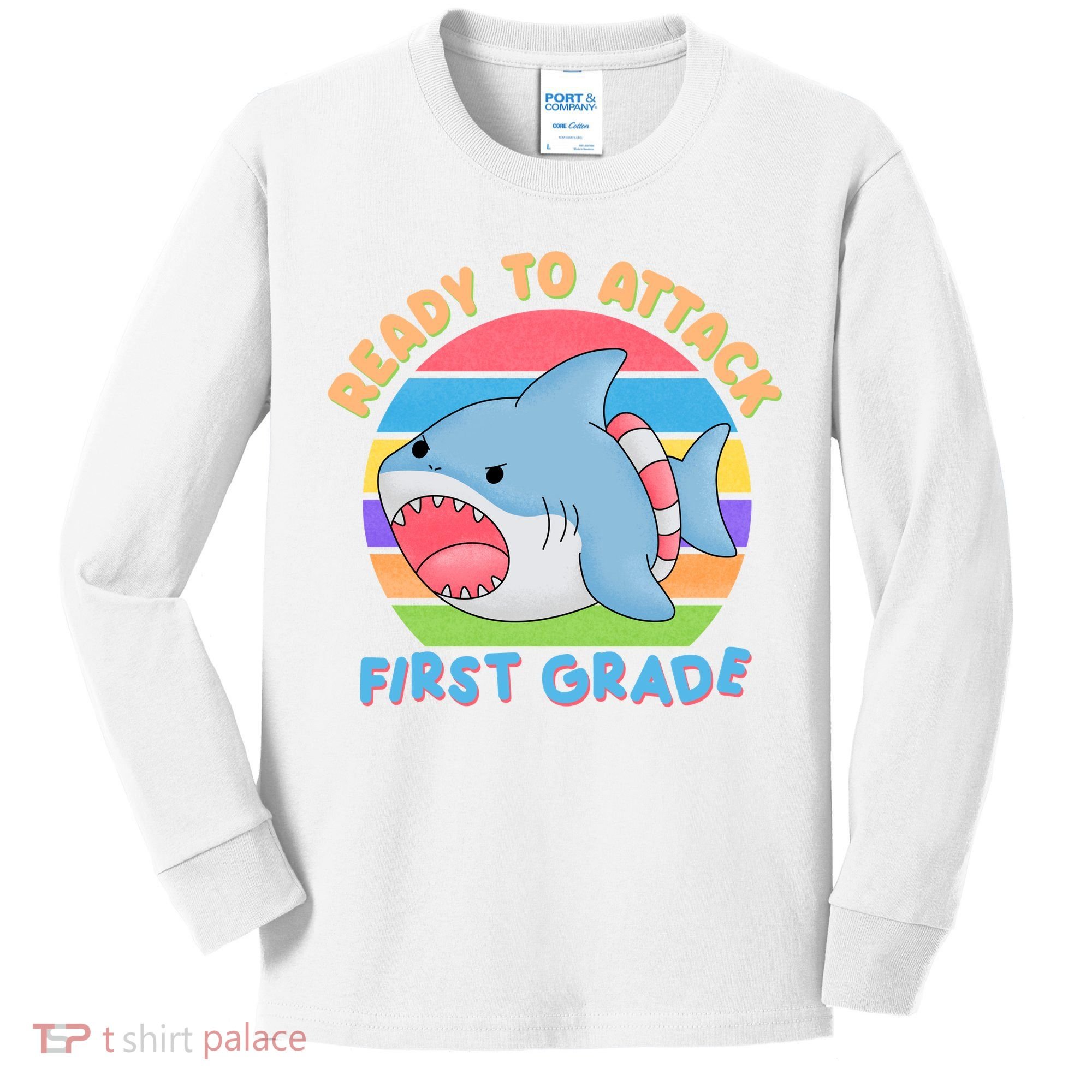 Ready To Attack First Grade Funny Shark Kids Long Sleeve Shirt