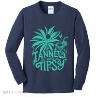 Retro Tanned And Tipsy Beach Summer Vacation Funny Kids Long Sleeve Shirt thumb 0