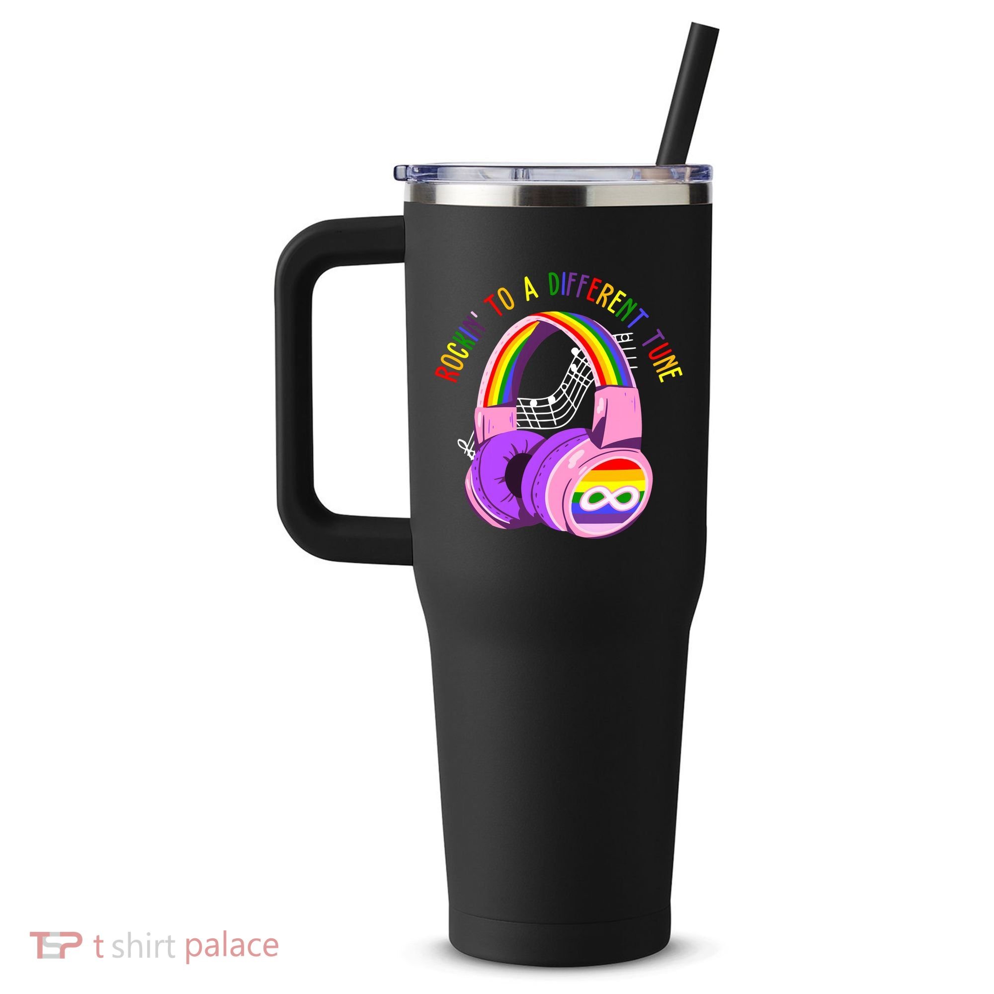 Rockin To A Different Tune Rainbow Autism Awareness 40oz Vacuum Insulated Stainless Steel Travel Tumbler