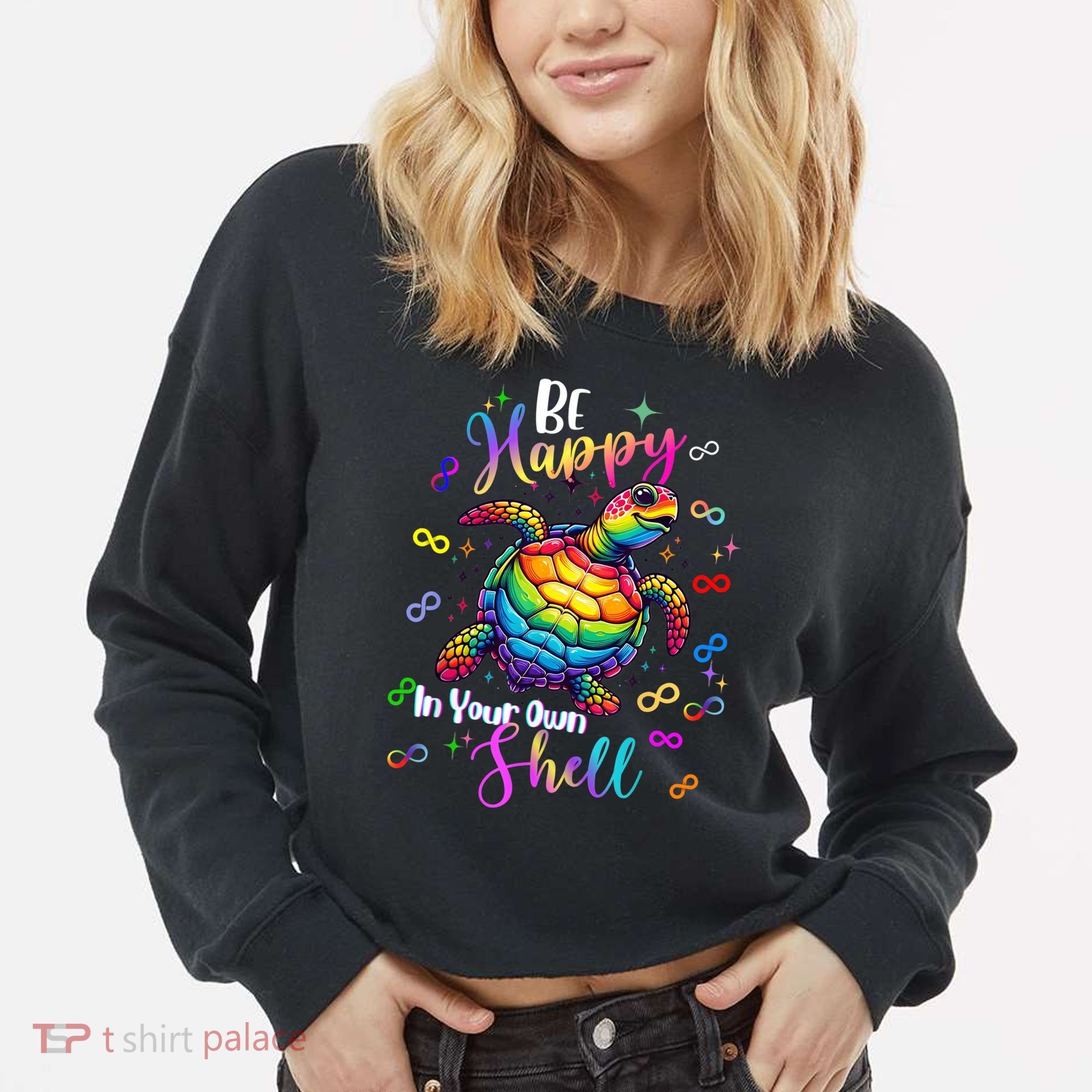 Rainbow Turtle Be Happy In Your Own Shell Autism Awareness Cropped Pullover Crew