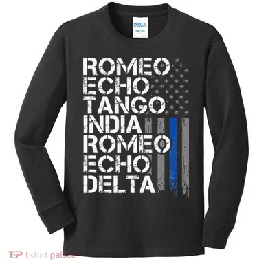 RETIRED Thin Blue Line Phonetic Code Police Retirement Kids Long Sleeve Shirt