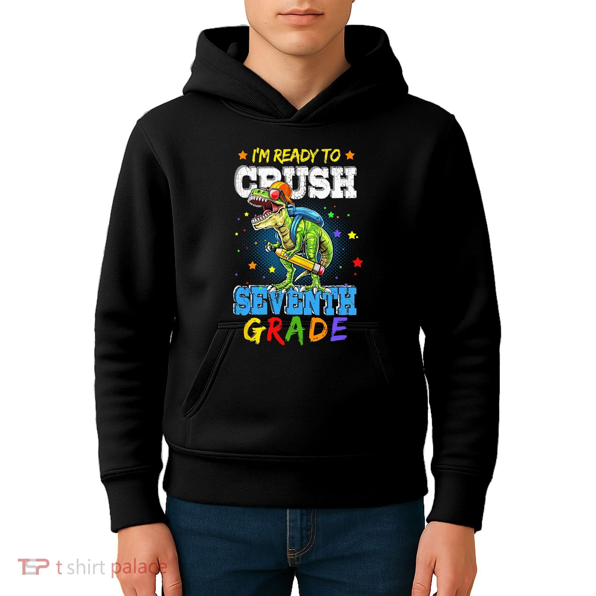 Ready To Crush Seventh Grade Dinosaur T Rex Back to School Kids Hoodie