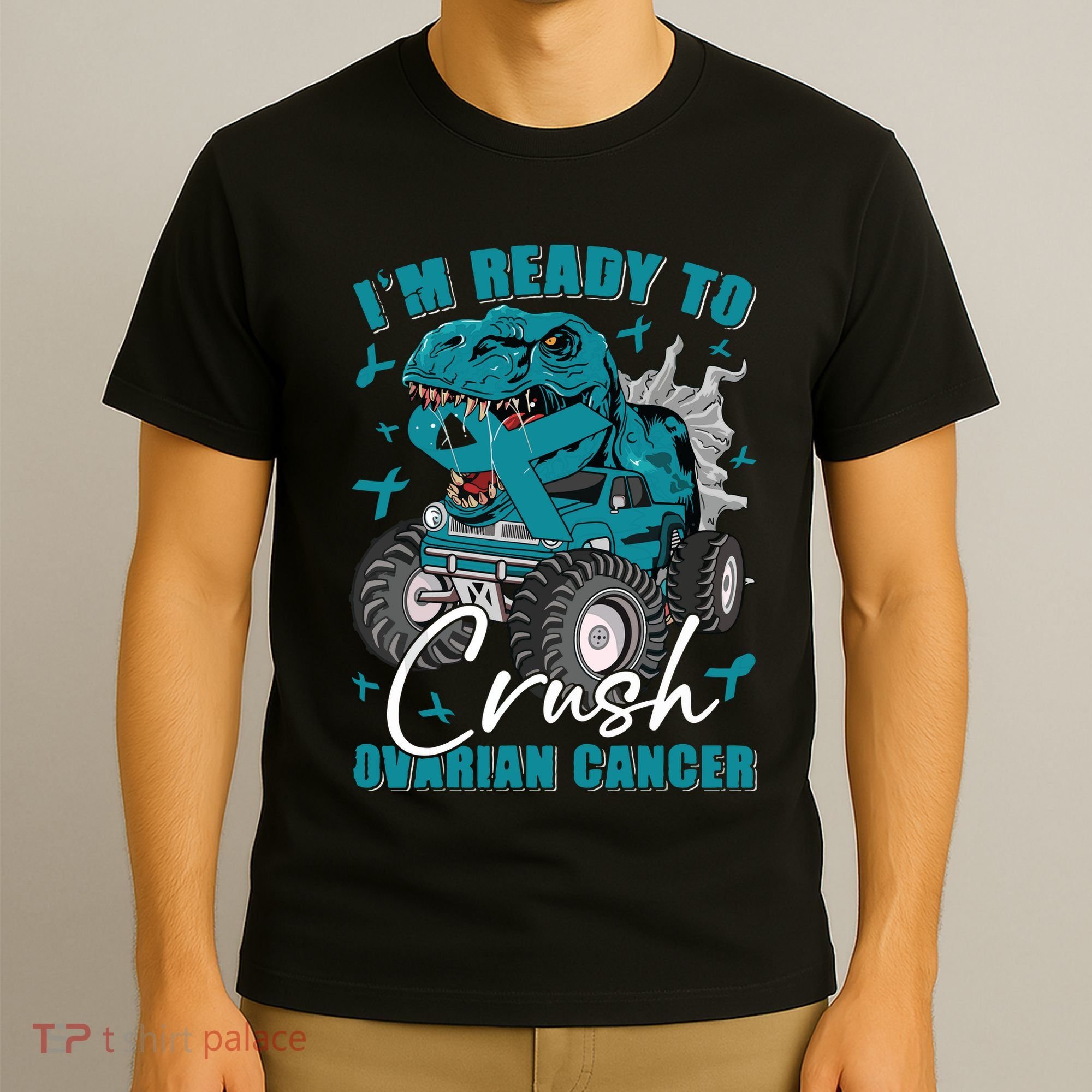 Ready To Crush Ovarian Cancer Awareness T Rex Monster Truck T-Shirt