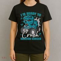 Ready To Crush Ovarian Cancer Awareness T Rex Monster Truck T-Shirt thumb 4