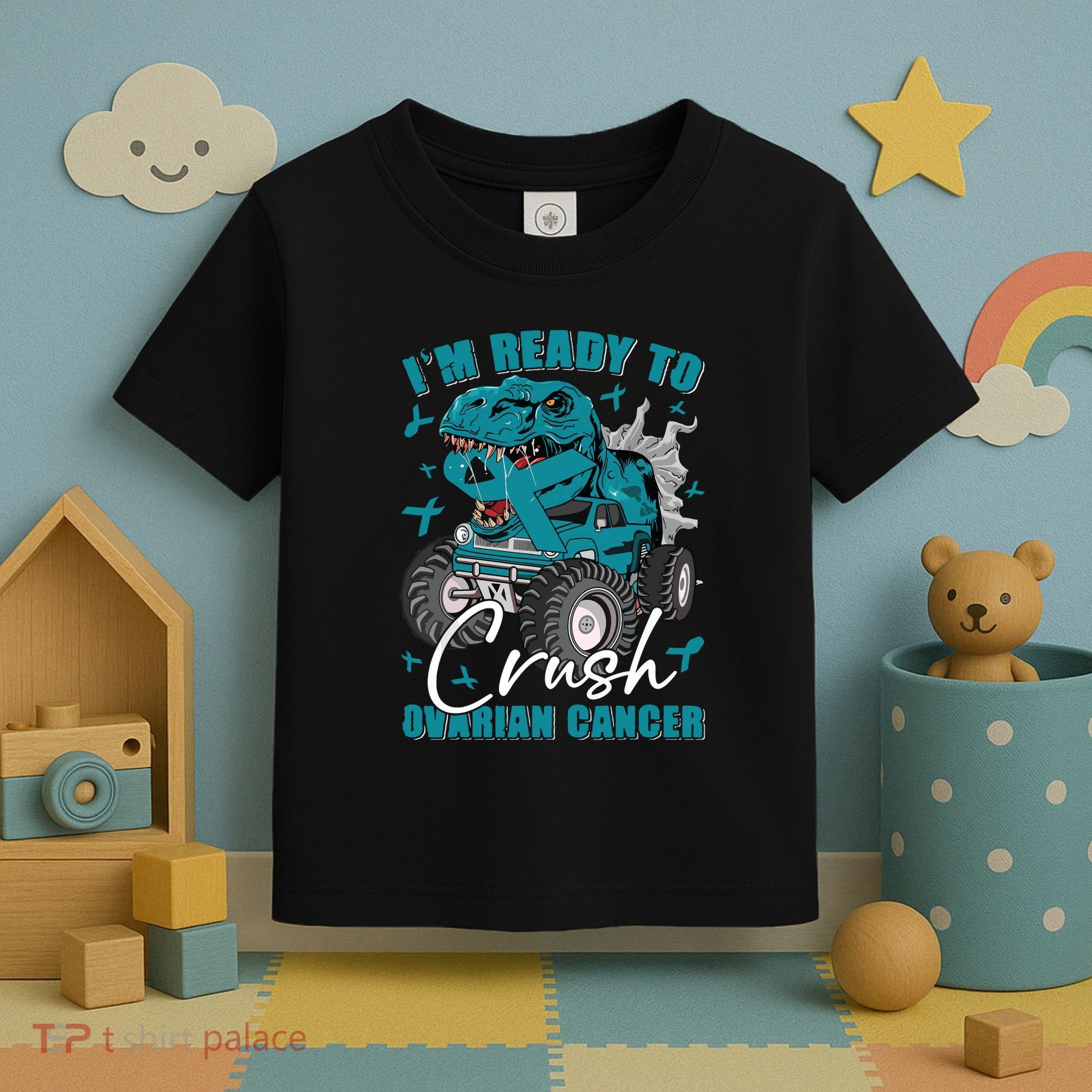 Ready To Crush Ovarian Cancer Awareness T Rex Monster Truck Toddler T-Shirt