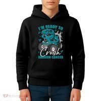 Ready To Crush Ovarian Cancer Awareness T Rex Monster Truck Kids Hoodie thumb 4