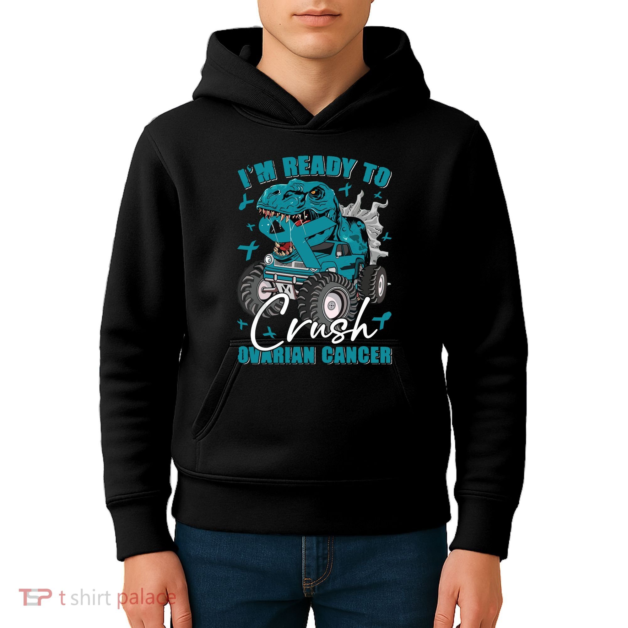 Ready To Crush Ovarian Cancer Awareness T Rex Monster Truck Kids Hoodie