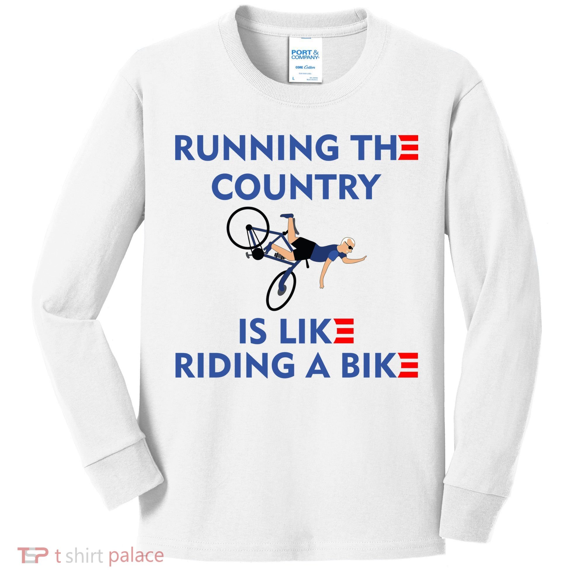 Running The Country Is Like Riding A Bike Biden Falling Meme Kids Long Sleeve Shirt