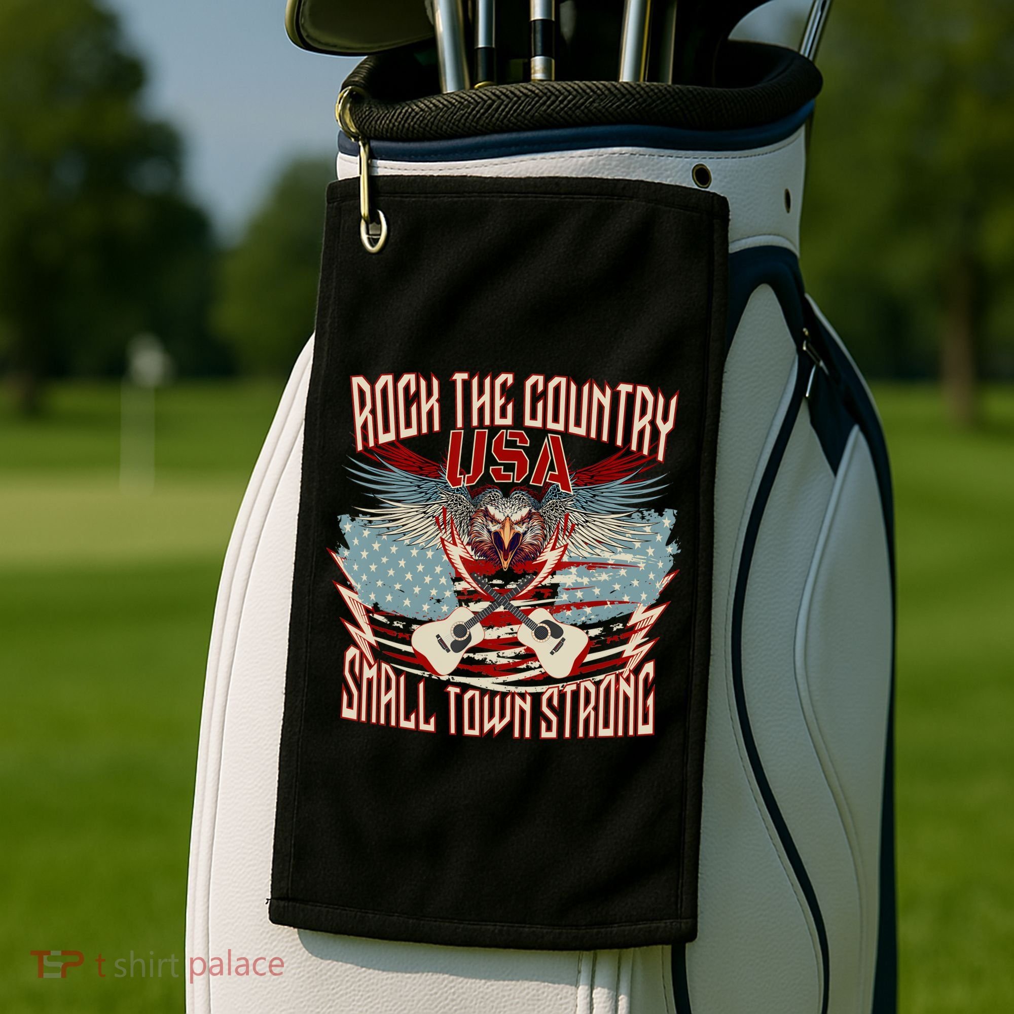 Rock The Country Music Small Town Strong America Flag Eagle Golf Towel