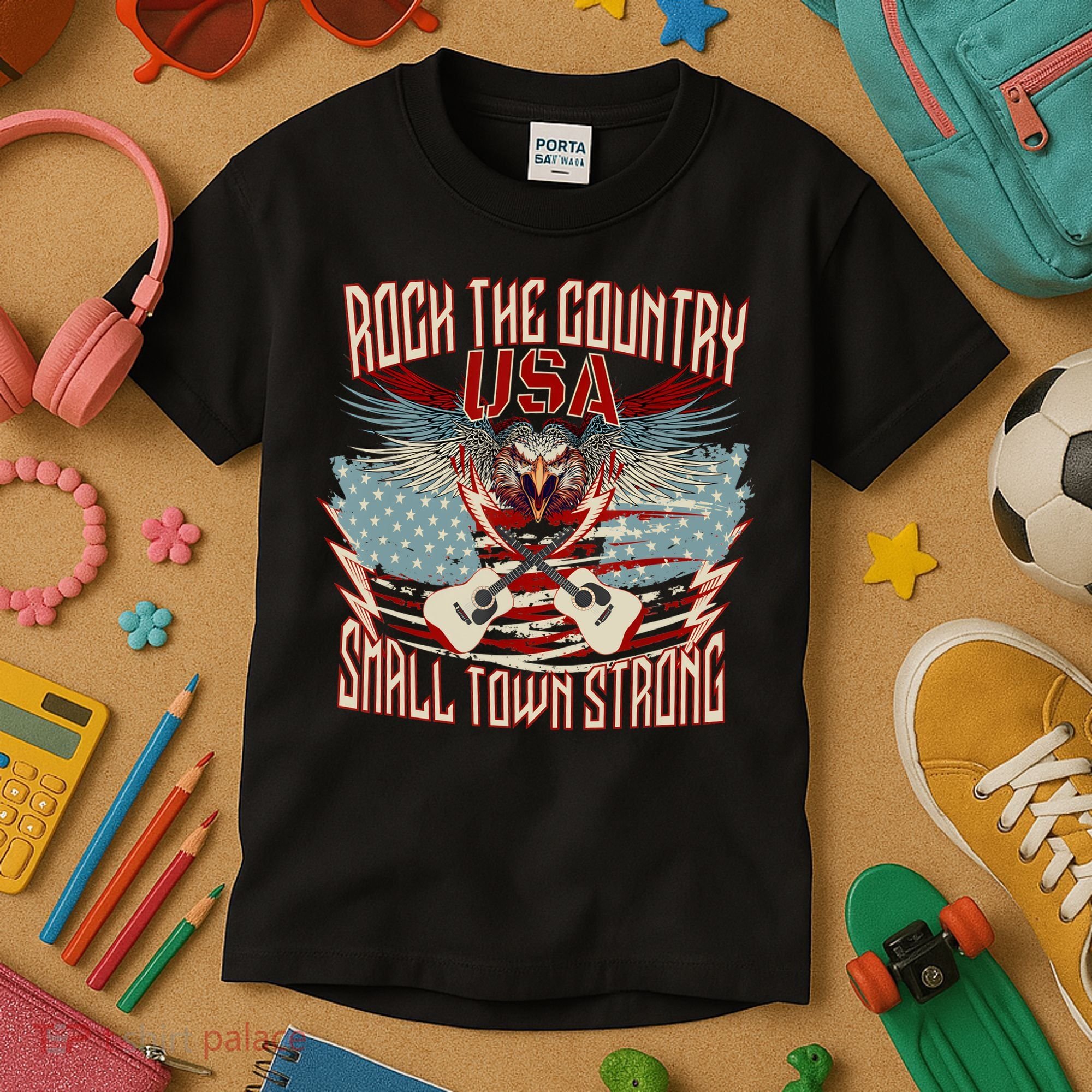 Rock The Country Music Small Town Strong America Flag Eagle Kids T-Shirt