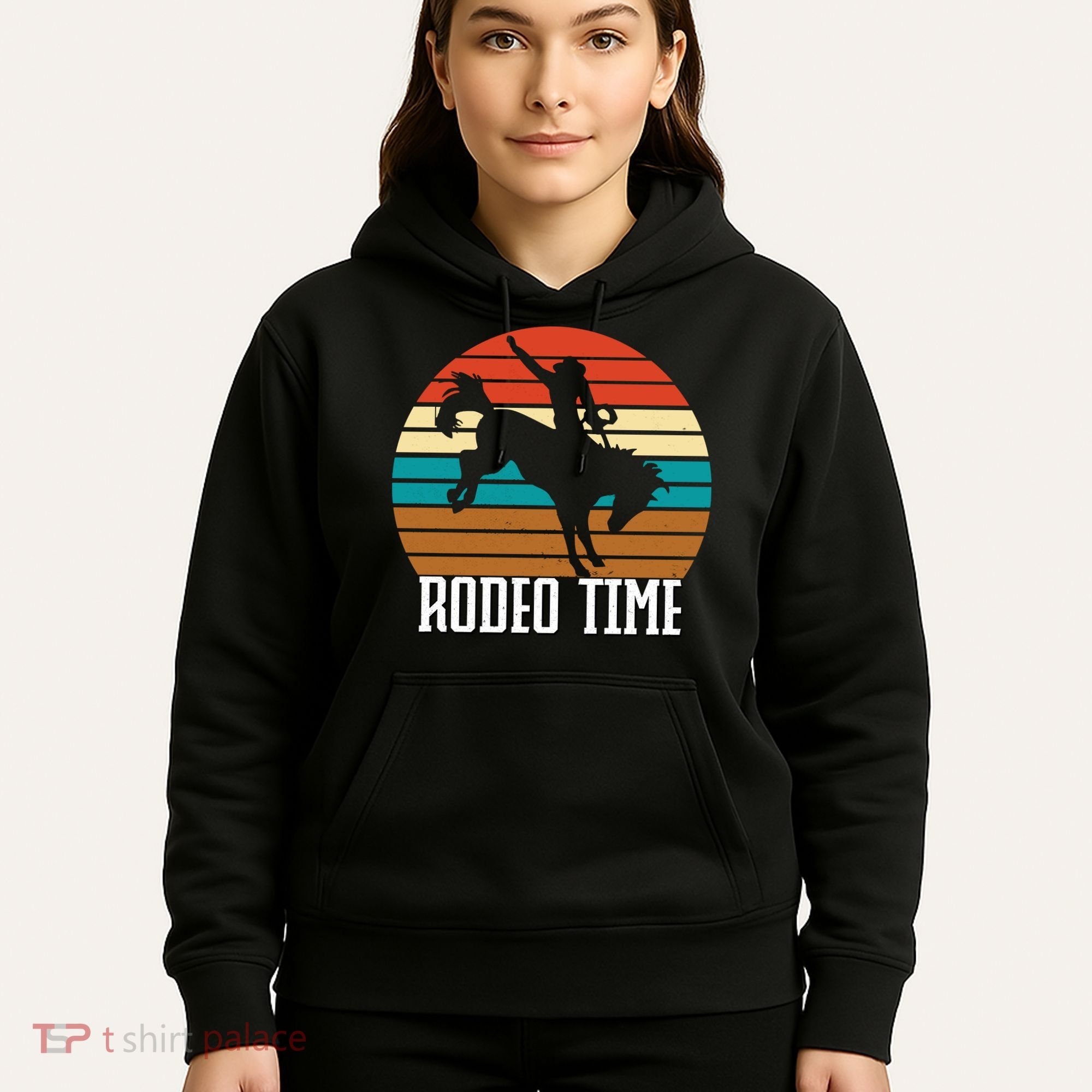 Rodeo Time Cowboy Wranglers Bucking Horse Retro Sunset Hoodie