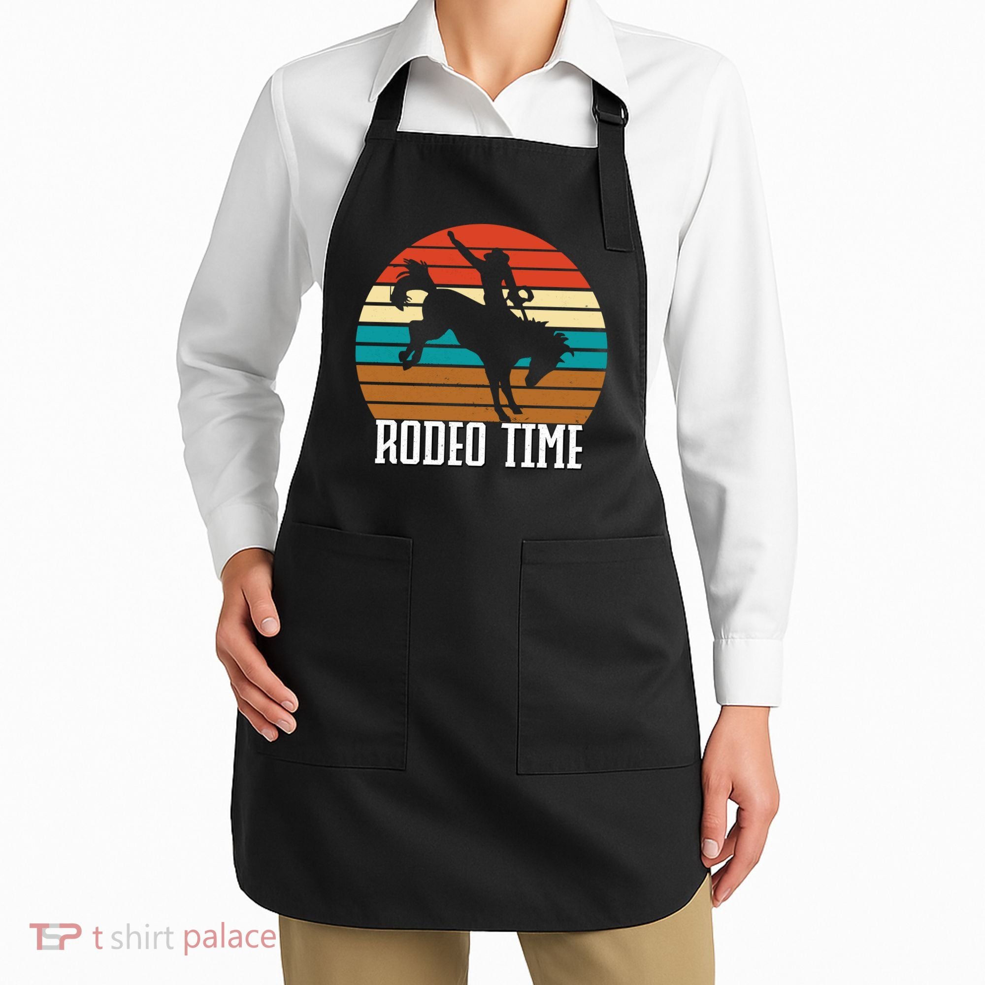 Rodeo Time Cowboy Wranglers Bucking Horse Retro Sunset Apron