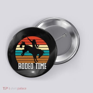 Rodeo Time Cowboy Wranglers Bucking Horse Retro Sunset Button