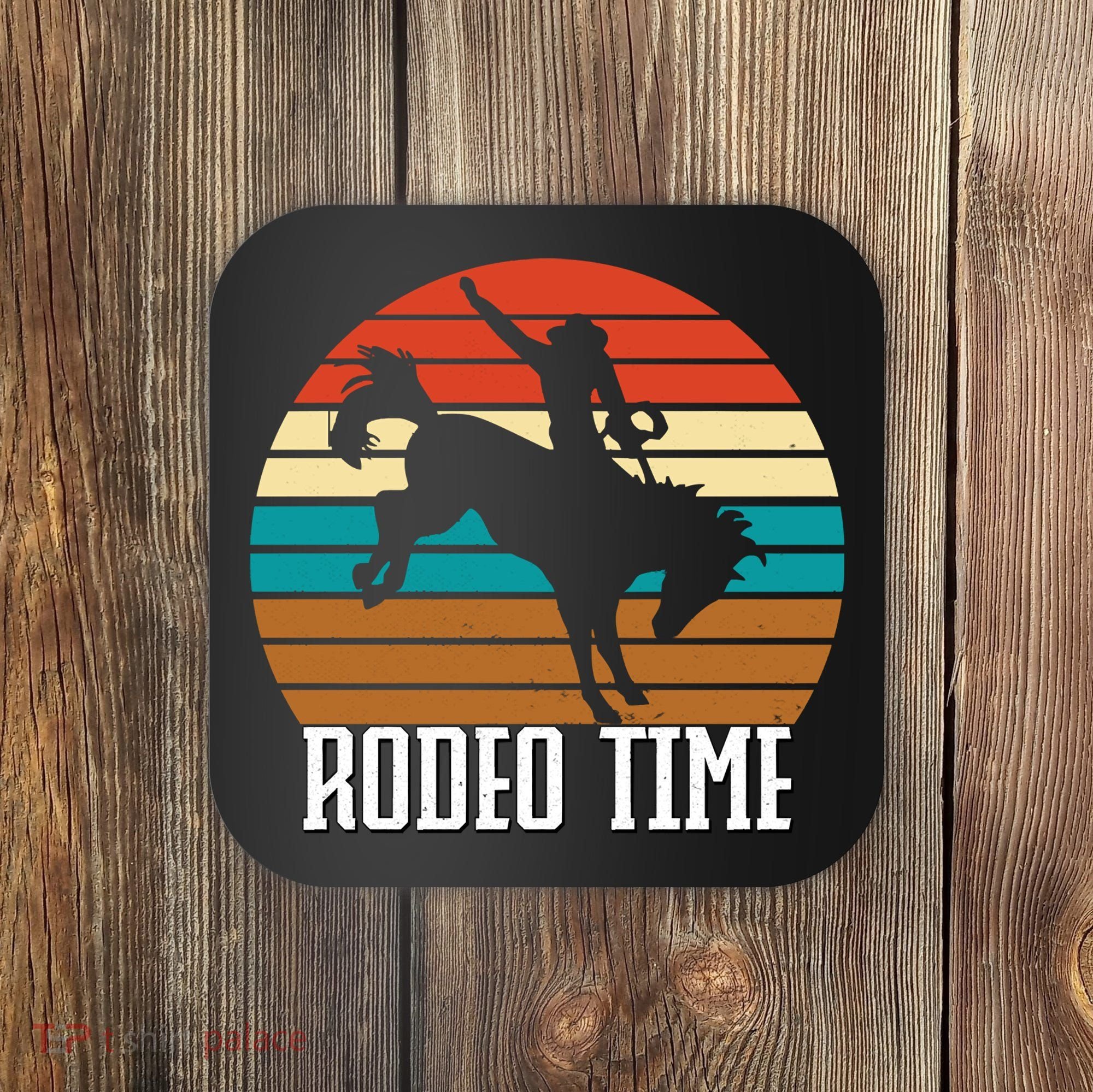 Rodeo Time Cowboy Wranglers Bucking Horse Retro Sunset Coaster