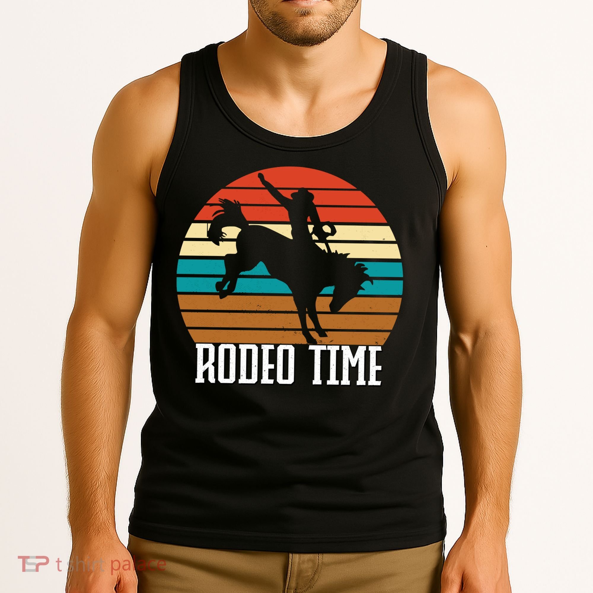 Rodeo Time Cowboy Wranglers Bucking Horse Retro Sunset Tank Top