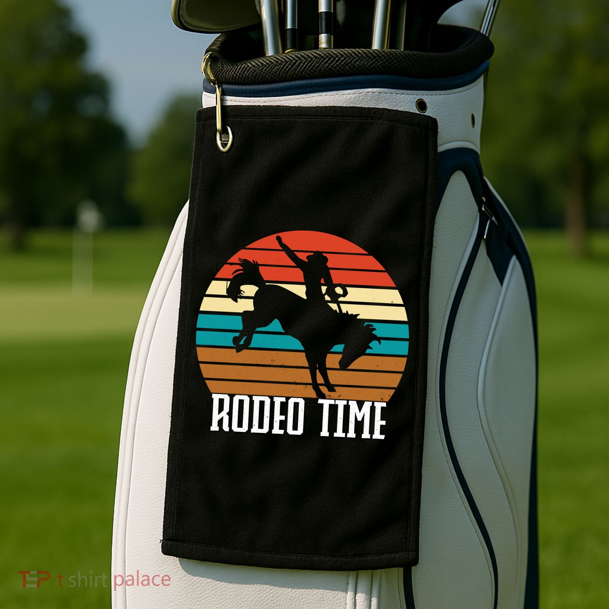 Rodeo Time Cowboy Wranglers Bucking Horse Retro Sunset Golf Towel