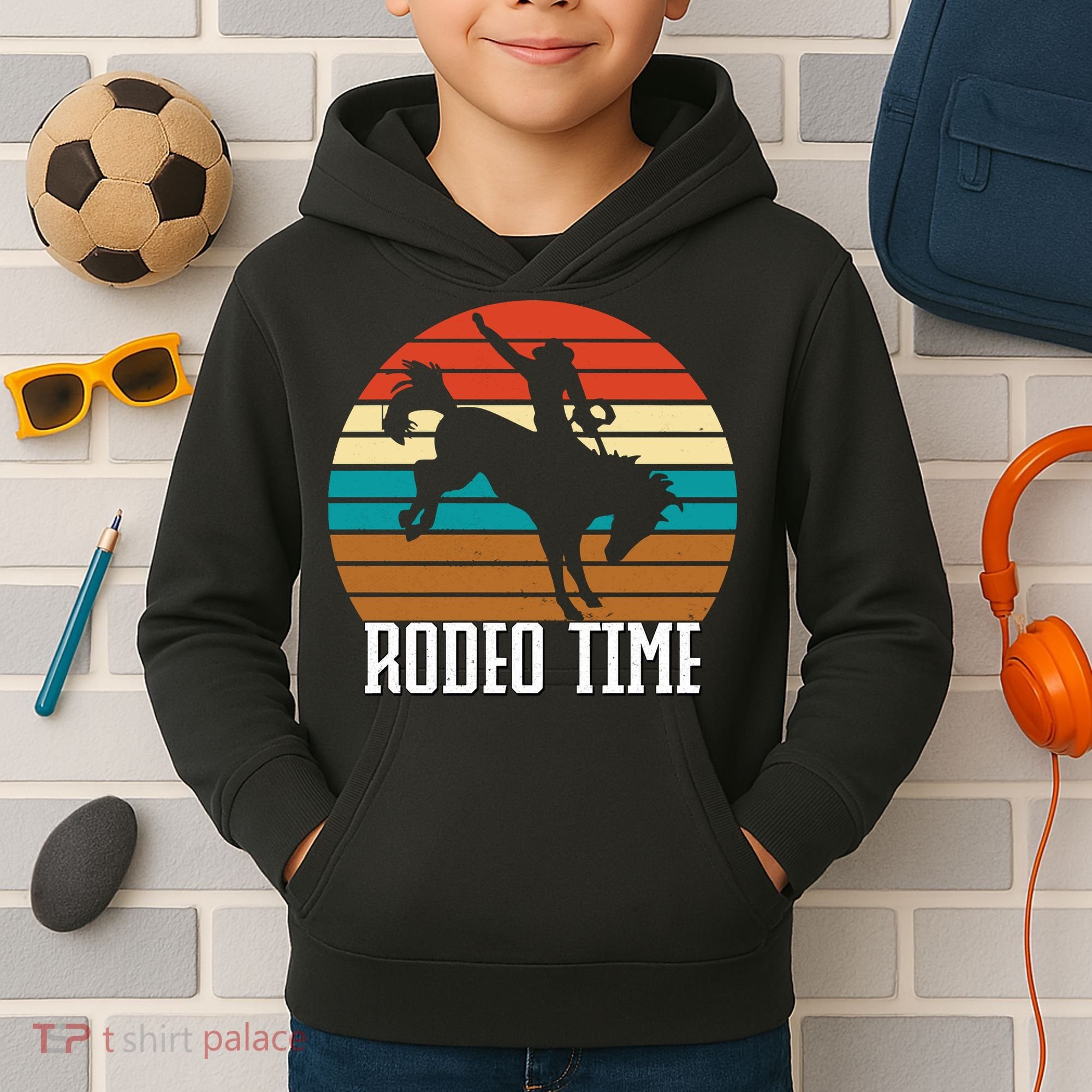 Rodeo Time Cowboy Wranglers Bucking Horse Retro Sunset Kids Hoodie