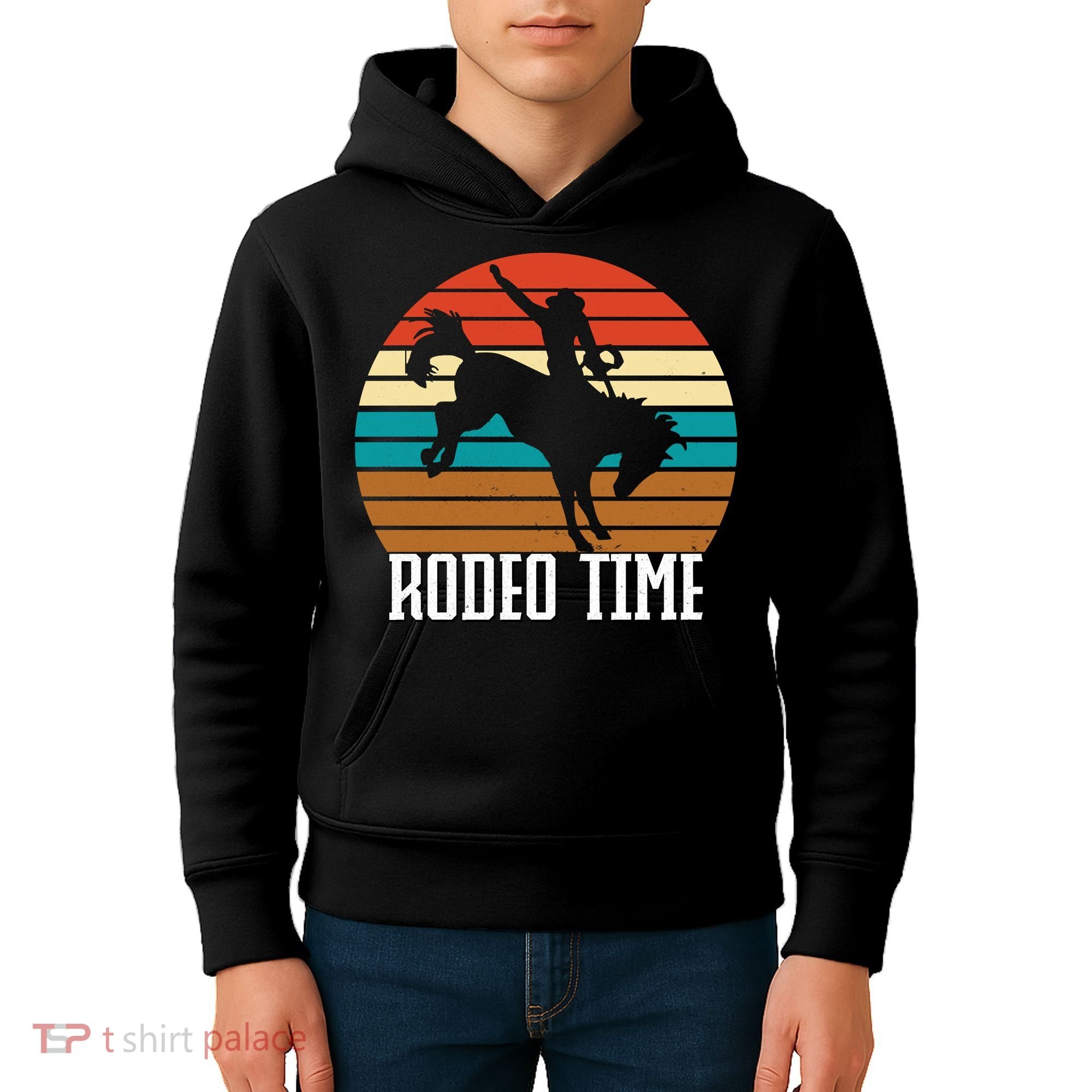 Rodeo Time Cowboy Wranglers Bucking Horse Retro Sunset Kids Hoodie