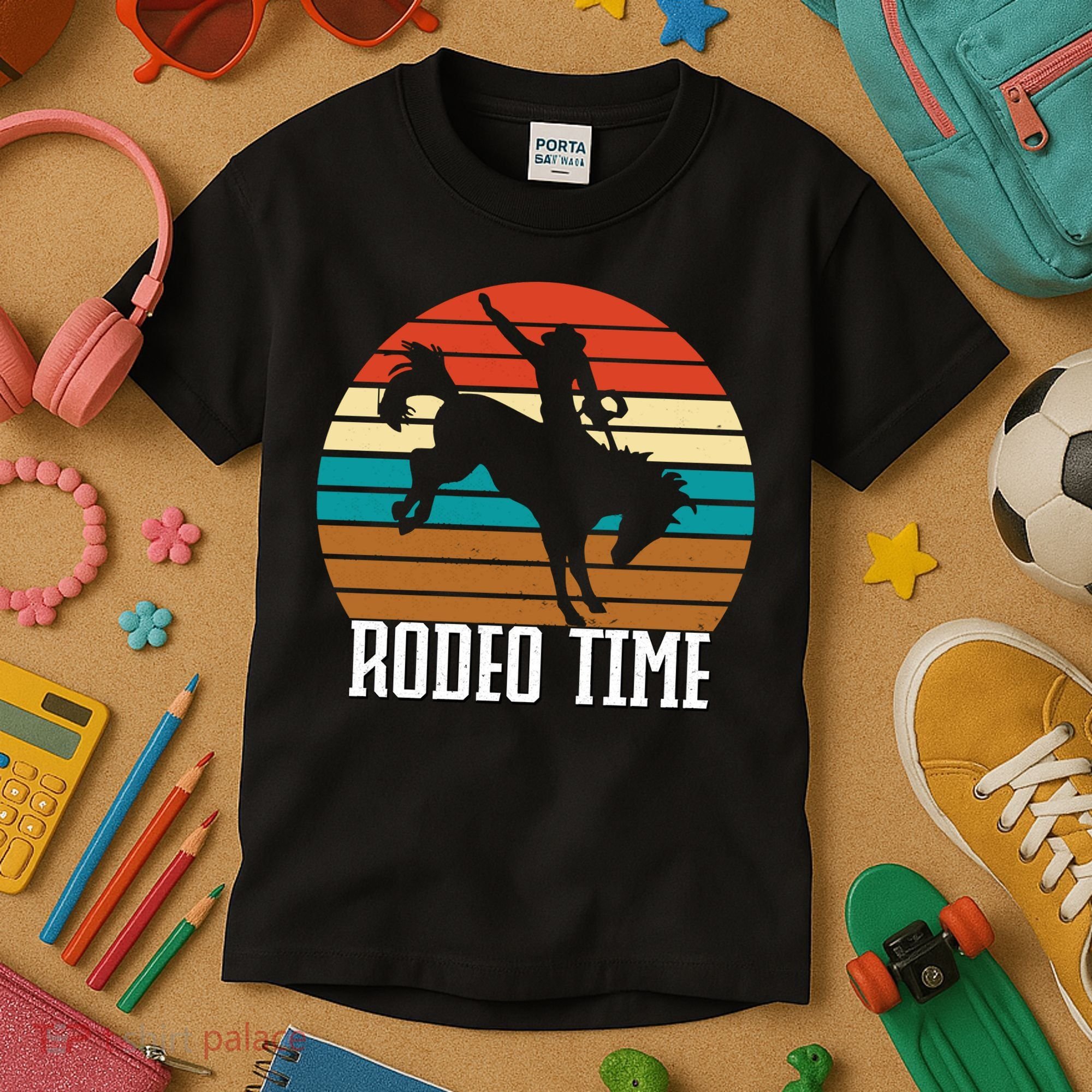 Rodeo Time Cowboy Wranglers Bucking Horse Retro Sunset Kids T-Shirt