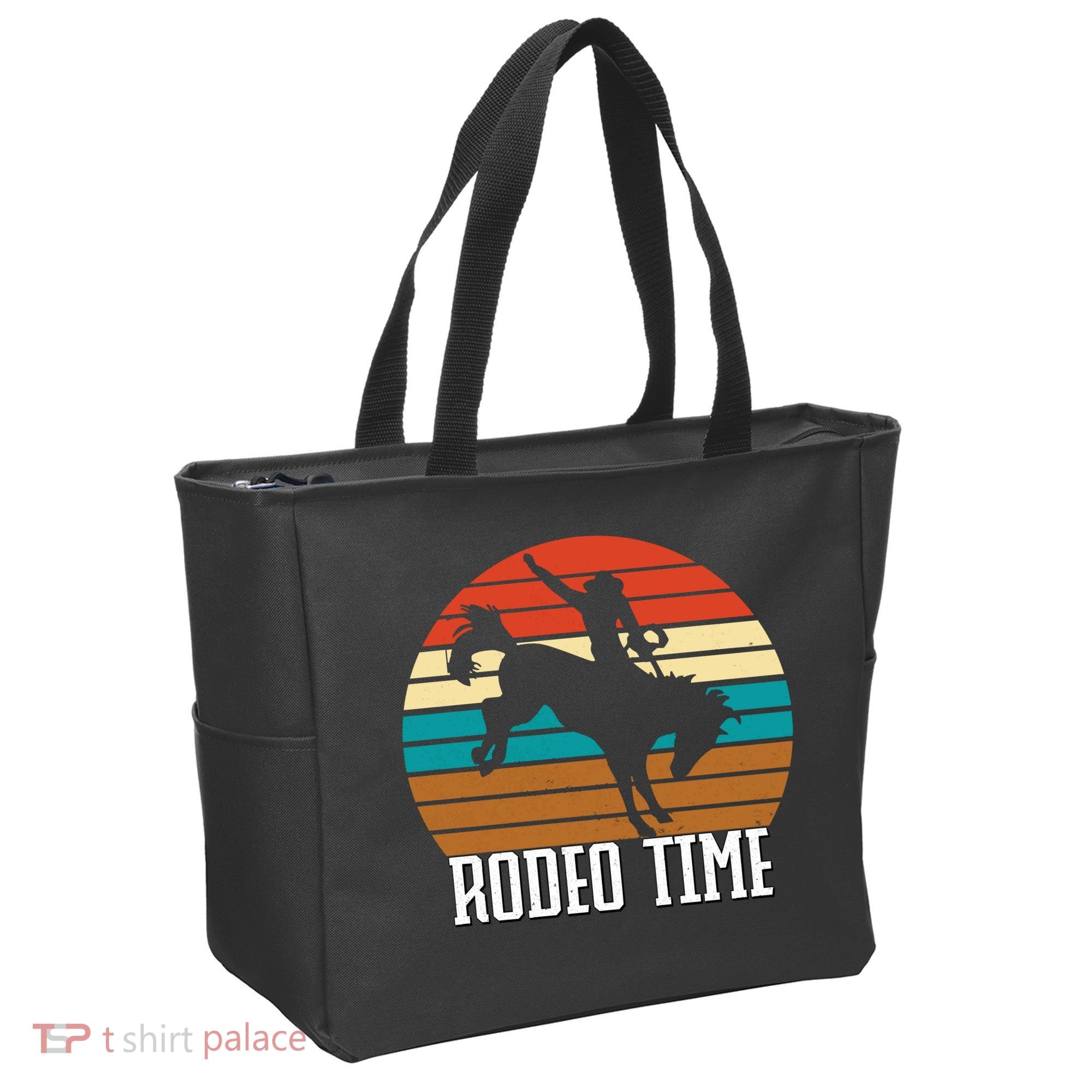 Rodeo Time Cowboy Wranglers Bucking Horse Retro Sunset Tote Bag