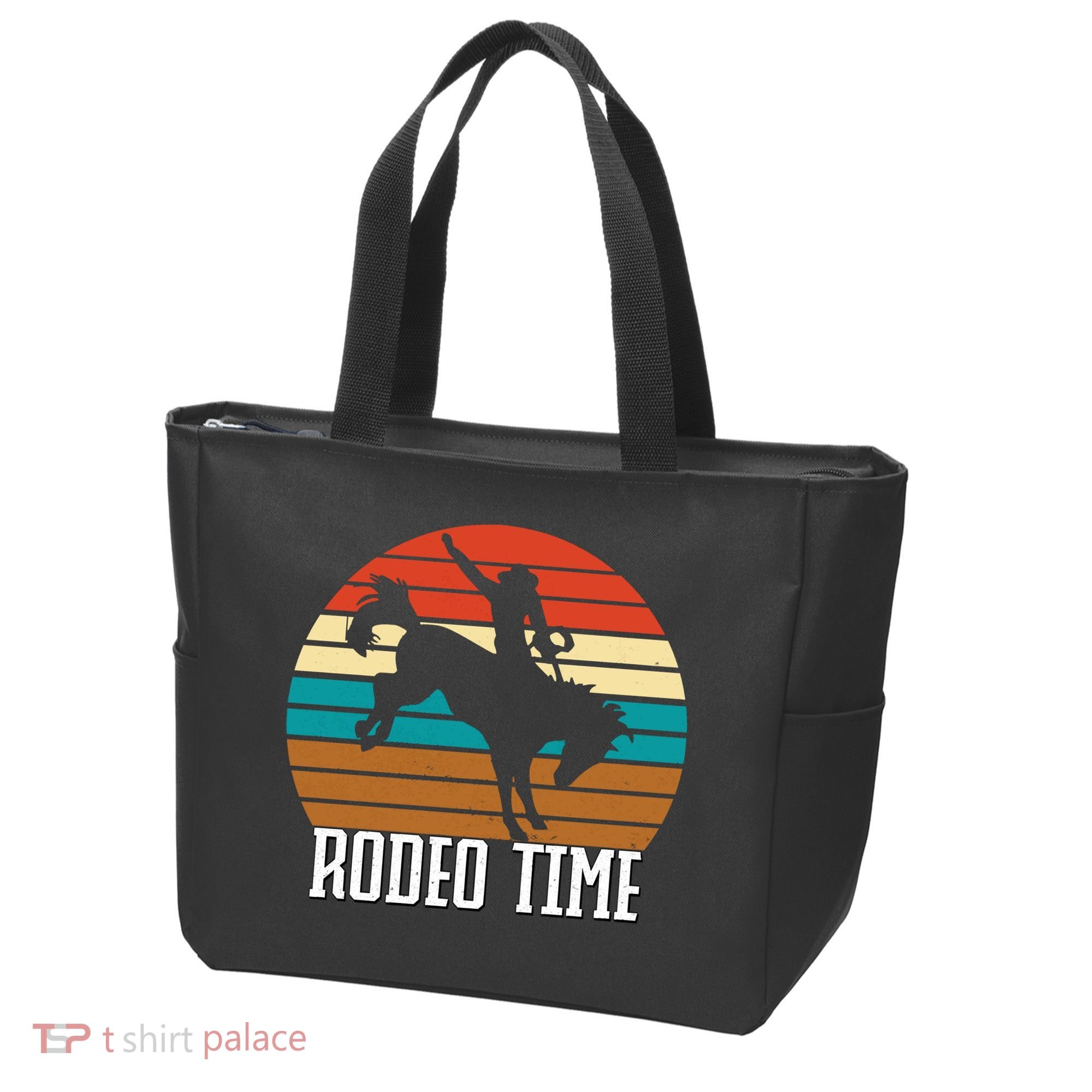 Rodeo Time Cowboy Wranglers Bucking Horse Retro Sunset Tote Bag