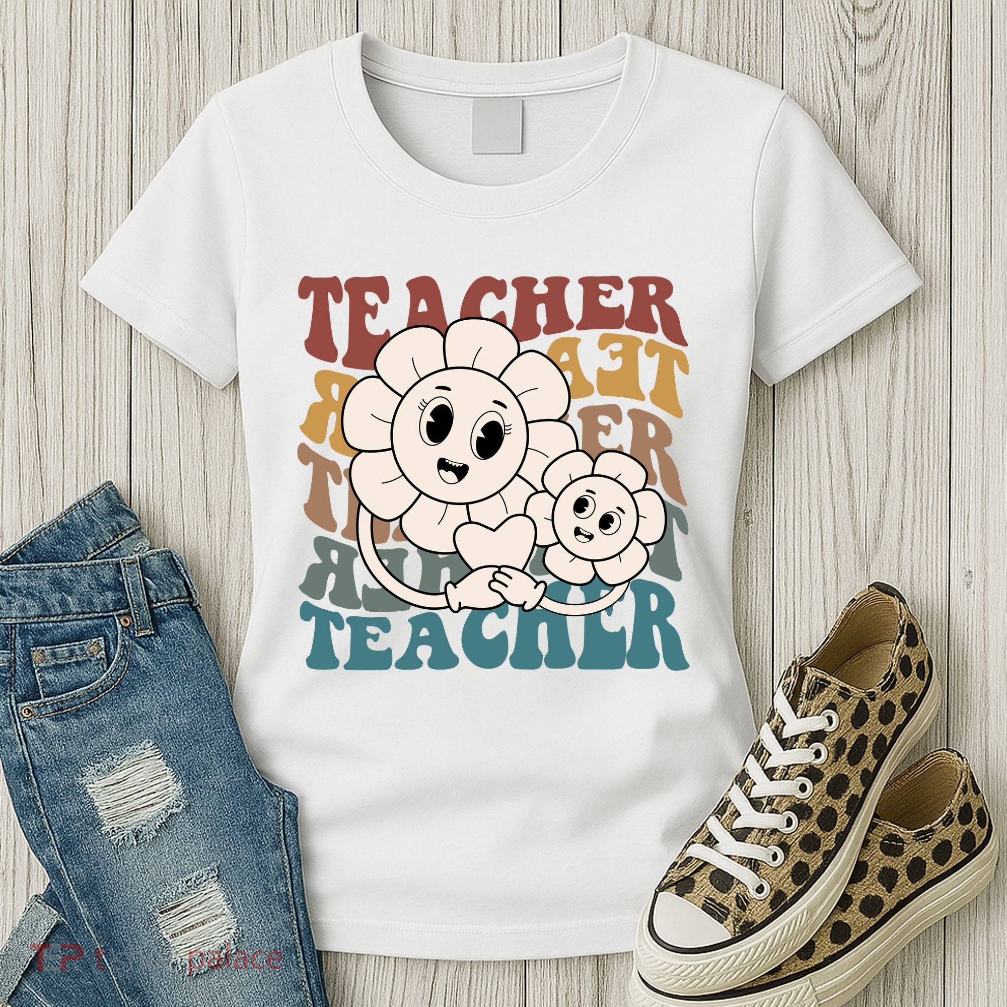 Retro Teacher Cute Gift Sunflower Heart Women's T-Shirt